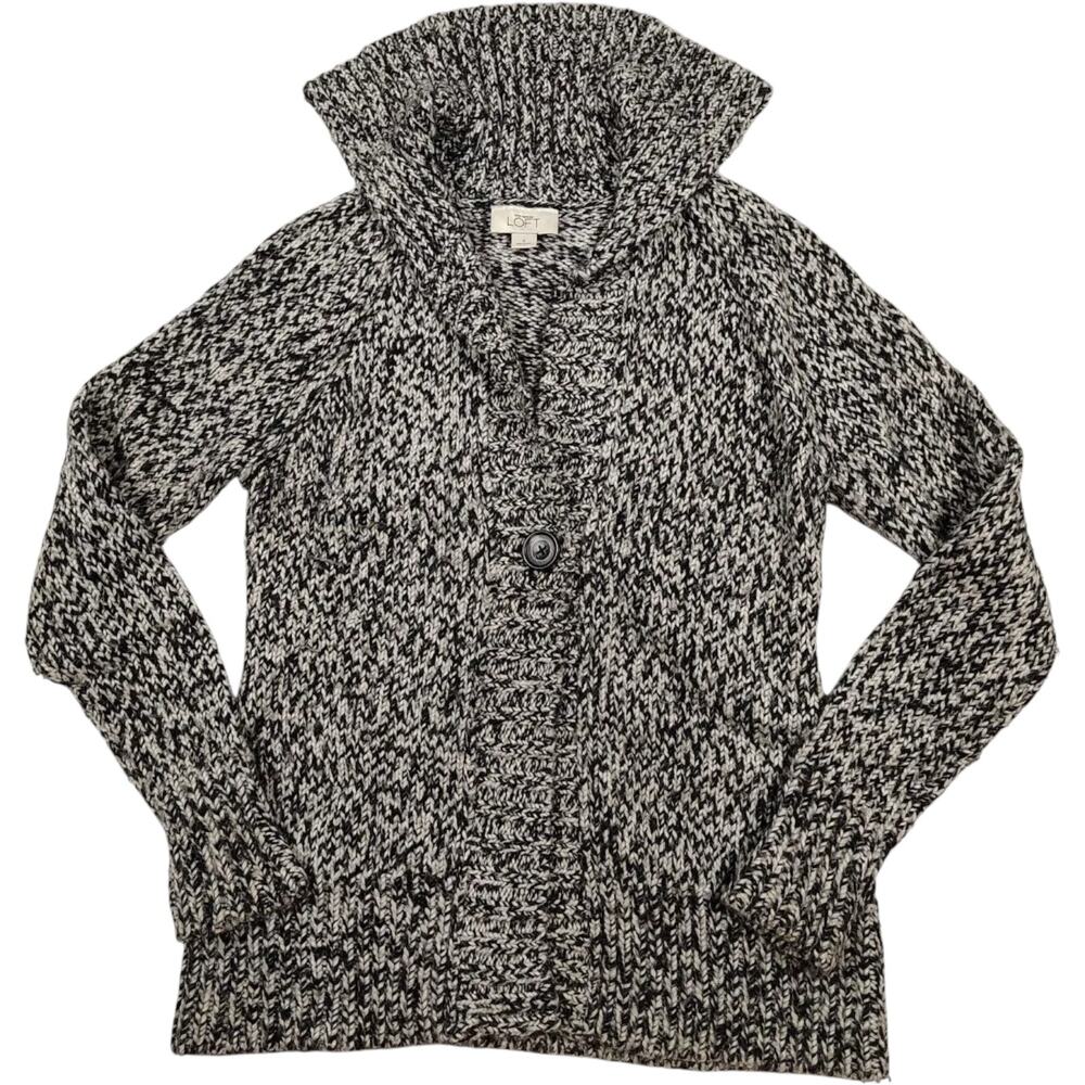 Ann Taylor LOFT Women's Black White Marled Knit Button Collar Cardigan Small